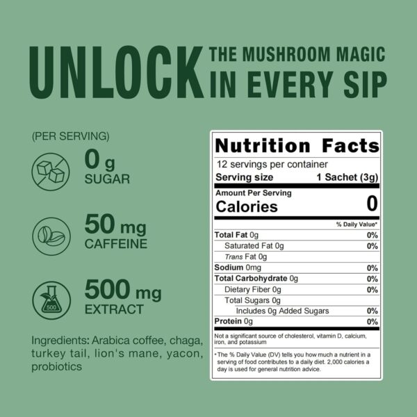 ECO-TASTE Mushroom Coffee Mix, Designed for Gut-Health with Chaga, Lion's Mane, Turkey Tail, Yacon and Probiotics – 12 Sachets - Image 5