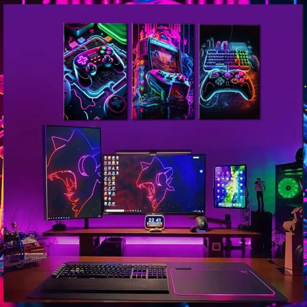 3pcs Game Room Decor Neon Gaming Posters Wall Art Gamer Accessories Theme Canvas Print Game Console Painting Picture for Children Youth Game Boys Bedroom Teen Wall Decor Unframed 12"x16"x3 - Image 2