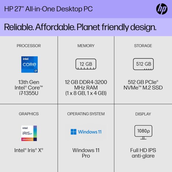 HP 27 inch All-in-One Desktop PC, FHD Display, 13th Generation Intel Core i7-1355U, 12 GB RAM, 512 GB SSD, Intel Iris Xe Graphics, Windows 11 Pro, 27-cr0082 (2023) - Image 2