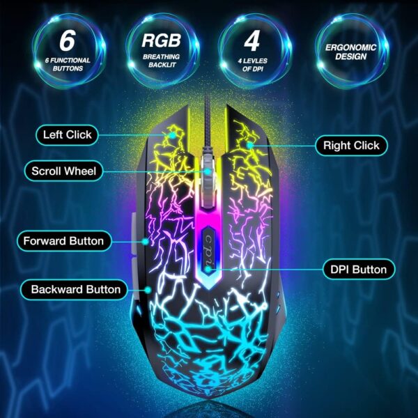 BENGOO Gaming Mouse Wired, Ergonomic Gamer Laptop PC Optical Computer Mice with RGB Backlit, 4 Adjustable DPI Up to 3600, 6 Programmable Buttons for Windows 7/8/10/XP Vista Linux -Black - Image 3