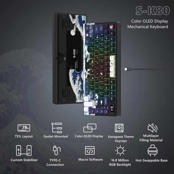 Womier S-K80 75% Keyboard with Color Multimedia Display Mechanical Gaming Keyboard, Wired Hot Swappable Keyboard, Gasket Mount RGB Custom Keyboard, Pre-lubed Stabilizer for Mac/Win, Black Kanagawa - Image 6