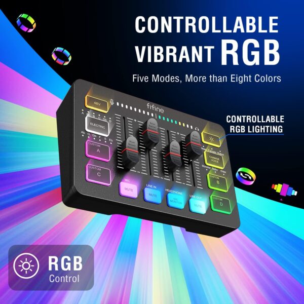 FIFINE Gaming Audio Mixer, Streaming RGB PC Mixer with XLR Microphone Interface, Individual Control, Volume Fader, Mute Button, 48V Phantom Power, for Podcast/Recording/Vocal/Game Voice-AmpliGame SC3 - Image 6