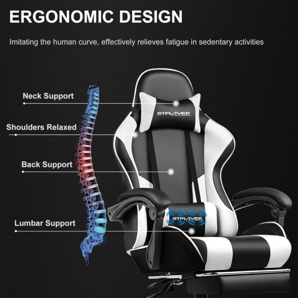 GTPLAYER Gaming Chair, Computer Chair with Footrest and Lumbar Support, Height Adjustable Game Chair with 360°-Swivel Seat and Headrest and for Office or Gaming (White) - Image 7