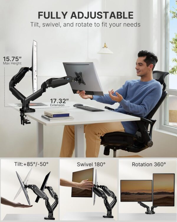 HUANUO Dual Monitor Stand - Full Adjustable Monitor Desk Mount Swivel Vesa Bracket with C Clamp, Grommet Mounting Base for 13 to 30 Inch Computer Screens - Each Arm Holds 4.4 to 19.8lbs - Image 3