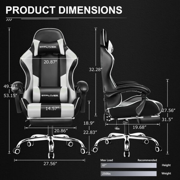 GTPLAYER Gaming Chair, Computer Chair with Footrest and Lumbar Support, Height Adjustable Game Chair with 360°-Swivel Seat and Headrest and for Office or Gaming (White) - Image 3