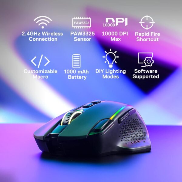 Redragon M810 Pro Wireless Gaming Mouse, 10000 DPI Wired/Wireless Gamer Mouse w/Rapid Fire Key, 8 Macro Buttons, 45-Hour Reliable Power Capacity and RGB Backlit for PC/Mac/Laptop - Image 3