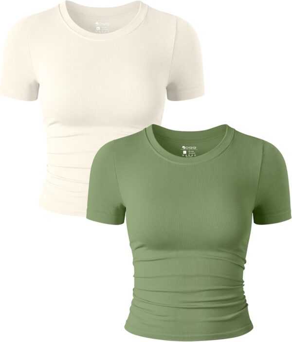 OQQ Womens 2 Piece Shirts Short Sleeve Crew Neck Ruched Stretch Fitted Tee Shirts Crop Tops