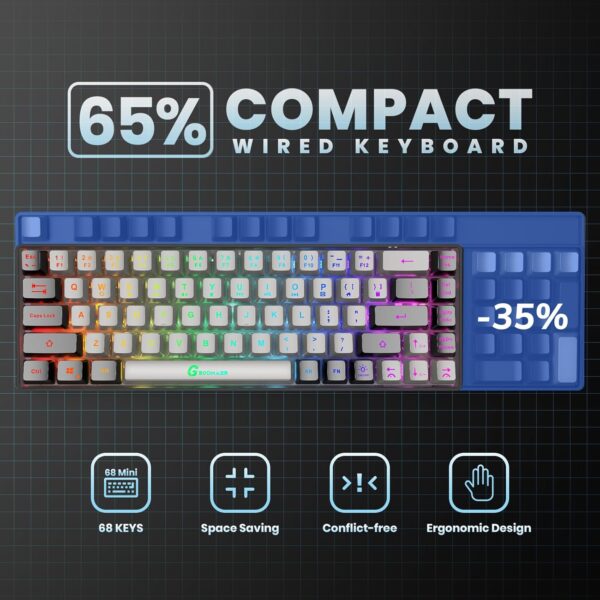 65% Gaming Keyboard, Wired Backlit Mini Keyboard, Ultra-Compact Anti-Ghosting No-Conflict 68 Keys Membrane Gaming Wired Keyboard for PC Laptop Mac Gamer - Image 4