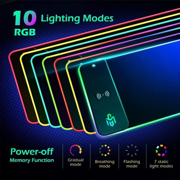 GIM Wireless Charging RGB Gaming Mouse Pad 15W, LED Mouse Mat 800x300x4MM, 10 Light Modes Extra Large Mousepad Non-Slip Rubber Base Computer Keyboard Mat for Gaming, MacBook, PC, Laptop, Desk - Image 3