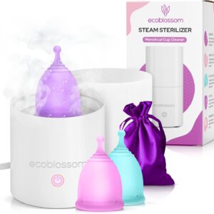 Ecoblossom Menstrual Cup Sterilizer - Modern Menstrual Cup Cleaner Unscented Sanitizer - 2-Minute Automatic Steam Wash - Holder Fits Small Soft & Large Period Disc (Steamer + Cups)