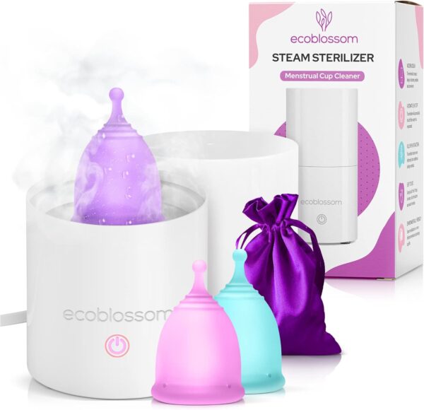 Ecoblossom Menstrual Cup Sterilizer - Modern Menstrual Cup Cleaner Unscented Sanitizer - 2-Minute Automatic Steam Wash - Holder Fits Small Soft & Large Period Disc (Steamer + Cups)