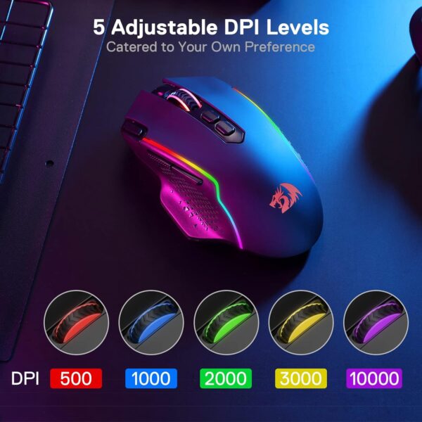 Redragon M810 Pro Wireless Gaming Mouse, 10000 DPI Wired/Wireless Gamer Mouse w/Rapid Fire Key, 8 Macro Buttons, 45-Hour Reliable Power Capacity and RGB Backlit for PC/Mac/Laptop - Image 5