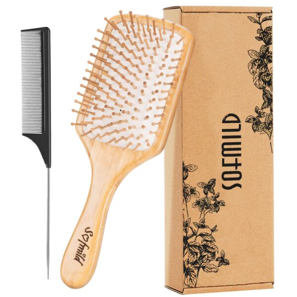 Hair Brush-Natural Wooden Bamboo Brush and Detangle Tail Comb Instead of Brush Cleaner Tool, Paddle Hairbrush for Women Men and Kids Make Thin Long Curly Hair Health and Massage Scalp