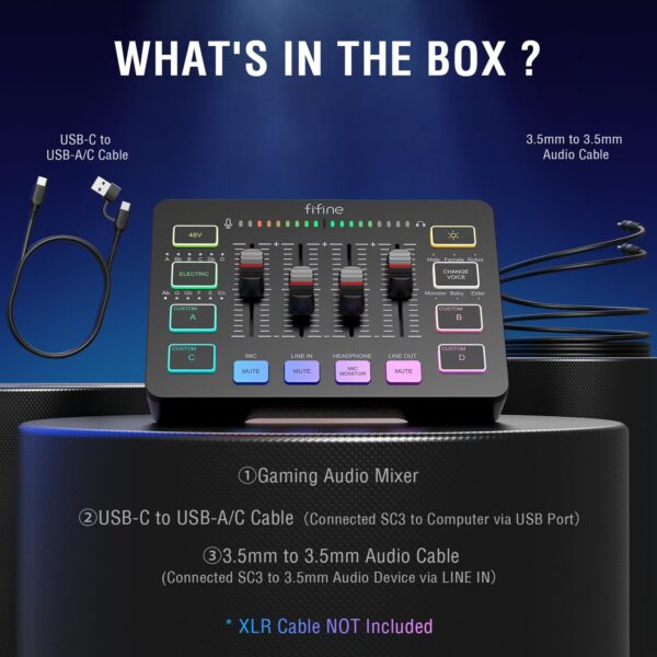 FIFINE Gaming Audio Mixer, Streaming RGB PC Mixer with XLR Microphone Interface, Individual Control, Volume Fader, Mute Button, 48V Phantom Power, for Podcast/Recording/Vocal/Game Voice-AmpliGame SC3 - Image 8