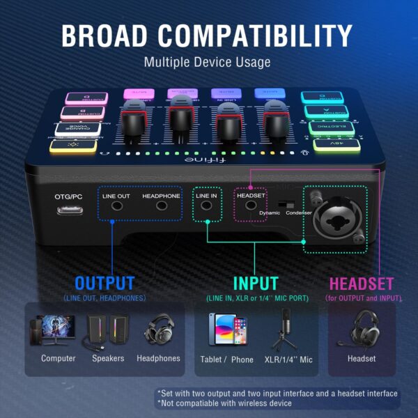 FIFINE Gaming Audio Mixer, Streaming RGB PC Mixer with XLR Microphone Interface, Individual Control, Volume Fader, Mute Button, 48V Phantom Power, for Podcast/Recording/Vocal/Game Voice-AmpliGame SC3 - Image 4