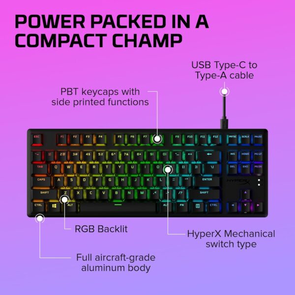 HyperX Alloy Origins Core Mechanical Gaming Keyboard PBT Keycaps Tenkeyless TKL Blue Switch Clicky LED RGB Backlight Playstation Xbox Licensed for PC, PS5, PS4, Xbox Series X|S, Xbox One, Desk Setup - Image 7