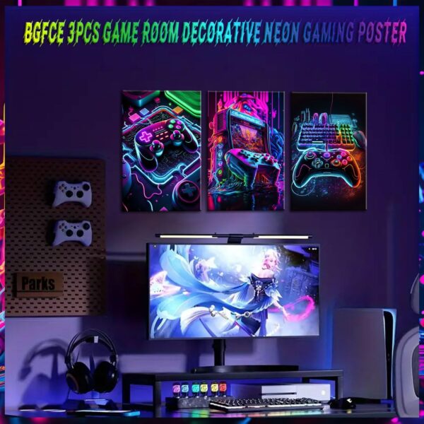 3pcs Game Room Decor Neon Gaming Posters Wall Art Gamer Accessories Theme Canvas Print Game Console Painting Picture for Children Youth Game Boys Bedroom Teen Wall Decor Unframed 12"x16"x3 - Image 3