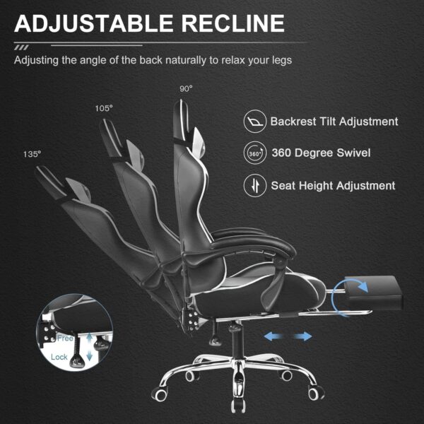 GTPLAYER Gaming Chair, Computer Chair with Footrest and Lumbar Support, Height Adjustable Game Chair with 360°-Swivel Seat and Headrest and for Office or Gaming (White) - Image 6