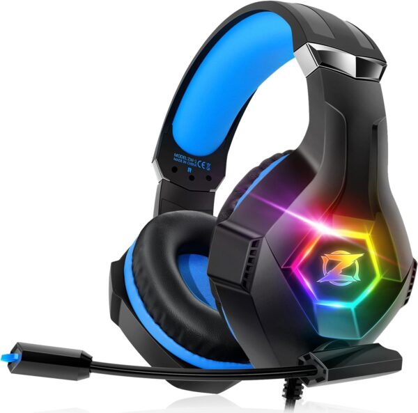 Gaming Headset for PC, Ps4, Ps5, Xbox Headset with 7.1 Surround Sound, Gaming Headphones with Noise Cancelling Mic RGB Light Over Ear Headphones for Xbox Series X/S, Switch-Blue