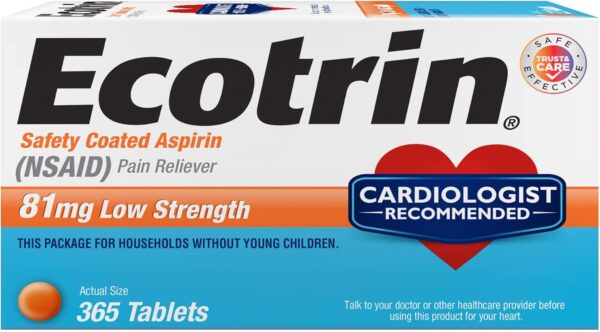 Ecotrin Low Strength Aspirin, 81mg Low Strength, 365 Safety Coated Tablets