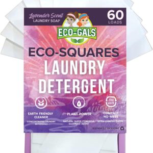 Eco-Squares laundry detergent sheets with zero waste dry soap technology for cleaning linen and clothes in regular and high efficiency top and front load washing machines, Lavender