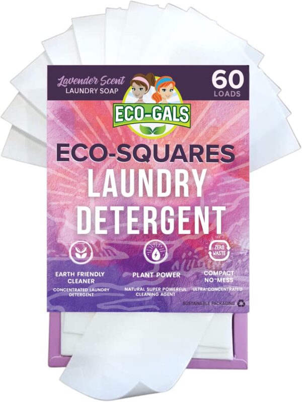 Eco-Squares laundry detergent sheets with zero waste dry soap technology for cleaning linen and clothes in regular and high efficiency top and front load washing machines, Lavender