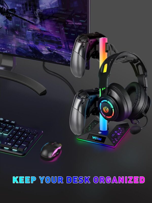 RGB Gaming Headphones Stand with 2 USB Ports Headset Stand with 10 Light Modes and Non-Slip Rubber, Suitable for All Earphone Accessories, Best Gift for Husband, Kids, Boyfriend - Image 5