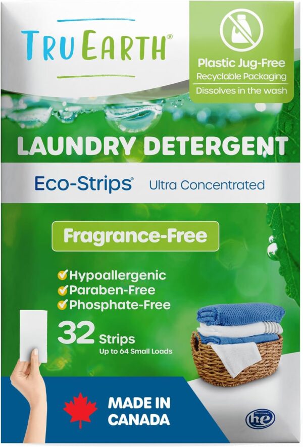 Tru Earth Compact Dry Laundry Detergent Sheets (Made in Canada), Unscented - Up to 64 Loads (32 Sheets) - Paraben-Free - Original Eco-Strip Liquidless Laundry Detergent, Travel Laundry Sheets