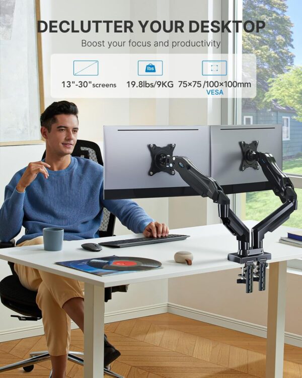 HUANUO Dual Monitor Stand - Full Adjustable Monitor Desk Mount Swivel Vesa Bracket with C Clamp, Grommet Mounting Base for 13 to 30 Inch Computer Screens - Each Arm Holds 4.4 to 19.8lbs - Image 2