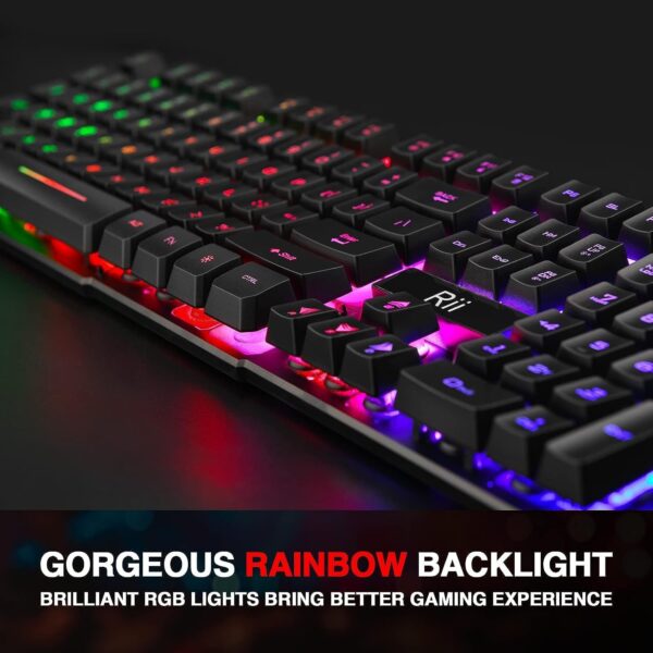 Rii RK100+ Multiple Color Rainbow LED Backlit Large Size USB Wired Mechanical Feeling Multimedia PC Gaming Keyboard,Office Keyboard for Working or Primer Gaming,Office Device - Image 4