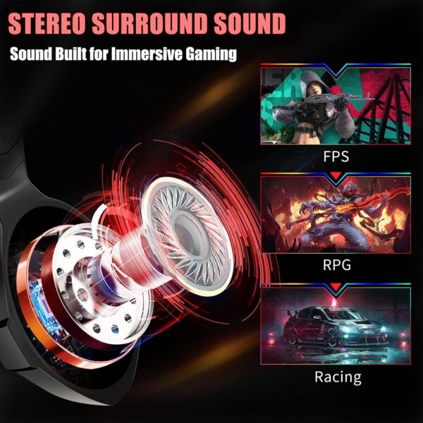 Gaming Headset for PC, Ps4, Ps5, Xbox Headset with 7.1 Surround Sound, Gaming Headphones with Noise Cancelling Mic RGB Light Over Ear Headphones for Xbox Series X/S, Switch -Red - Image 2