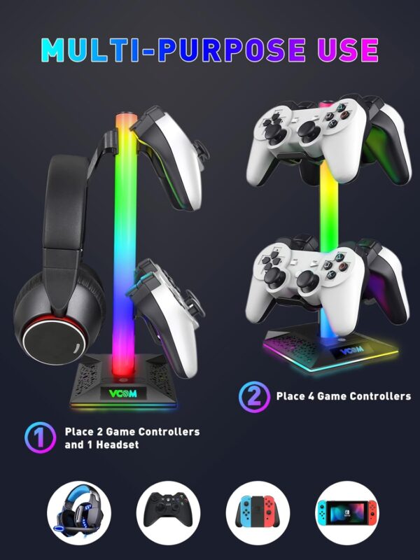 RGB Gaming Headphones Stand with 2 USB Ports Headset Stand with 10 Light Modes and Non-Slip Rubber, Suitable for All Earphone Accessories, Best Gift for Husband, Kids, Boyfriend - Image 3