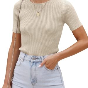 ZESICA Women's Short Sleeve Crewneck T Shirt 2024 Summer Ribbed Knit Slim Fit Basic Solid Color Tee Tops