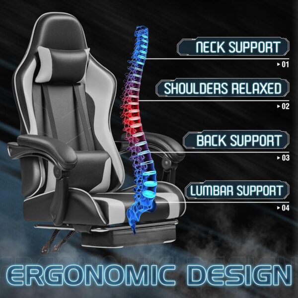 Homall Gaming Chair, Video Game Chair with Footrest and Massage Lumbar Support, Ergonomic Computer Chair Height Adjustable with Swivel Seat and Headrest (White) - Image 4