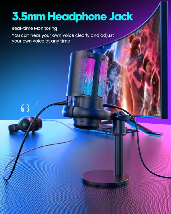 Gaming Microphone, USB PC Mic for Podcasts Videos, Streaming, Condenser Mic with Quick Mute, Tripod Stand, Pop Filter, RGB Indicator, Shock Mount, Rotate gain button, Compatible with PS4/5/PC - Image 5