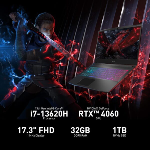 MSI Katana 17 Gaming Laptop: 13th Gen Intel Core i7, GeForce RTX 4060, 17.3" 144Hz FHD Display, 32GB DDR5, 1TB NVMe SSD, USB-Type C, Cooler Boost 5, Win11 Home: Black B13VFK-835US - Image 2