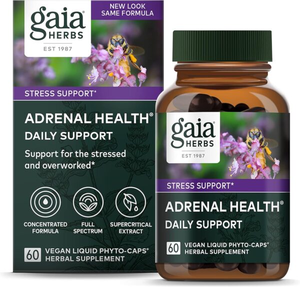 Gaia Herbs Adrenal Health Daily Support - with Ashwagandha, Holy Basil & Schisandra - Herbal Supplement to Help Maintain Healthy Energy and Stress Levels - 60 Liquid Phyto-Capsules (60 Count)