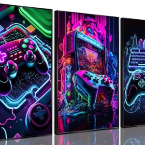 3pcs Game Room Decor Neon Gaming Posters Wall Art Gamer Accessories Theme Canvas Print Game Console Painting Picture for Children Youth Game Boys Bedroom Teen Wall Decor Unframed 12"x16"x3