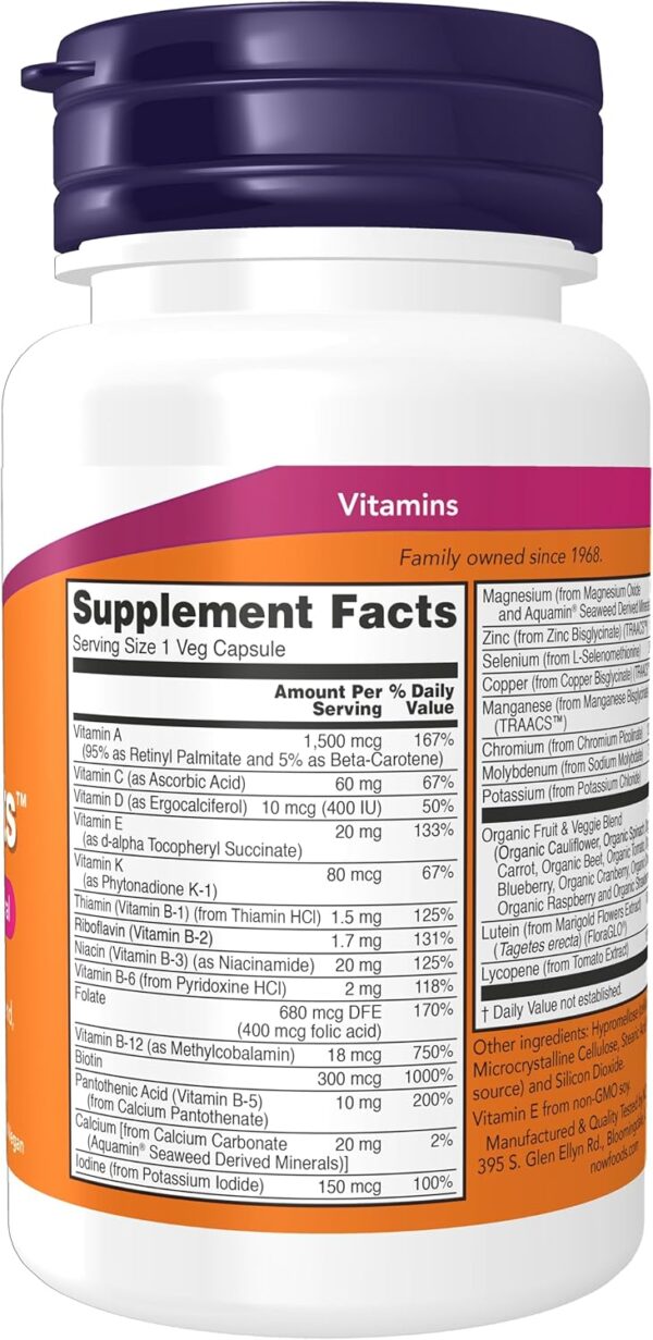 NOW Foods Supplements, Daily Vits™with Fruit & Veggie Blend, Lutein and Lycopene, 30 Veg Capsules - Image 2