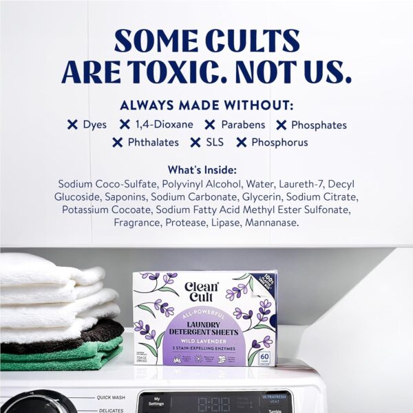 Cleancult Laundry Detergent Sheets - Resealable Box - 3 Stain Fighting Enzymes - Wild Lavender - 60 Loads - Free of Harsh Chemicals - No Mess - No Plastic Waste - Image 6