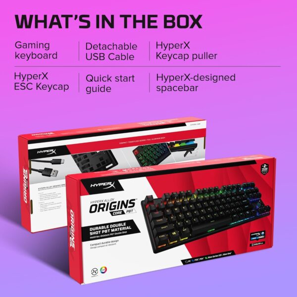 HyperX Alloy Origins Core Mechanical Gaming Keyboard PBT Keycaps Tenkeyless TKL Blue Switch Clicky LED RGB Backlight Playstation Xbox Licensed for PC, PS5, PS4, Xbox Series X|S, Xbox One, Desk Setup - Image 9