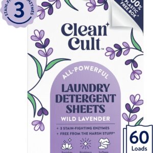 Cleancult Laundry Detergent Sheets - Resealable Box - 3 Stain Fighting Enzymes - Wild Lavender - 60 Loads - Free of Harsh Chemicals - No Mess - No Plastic Waste