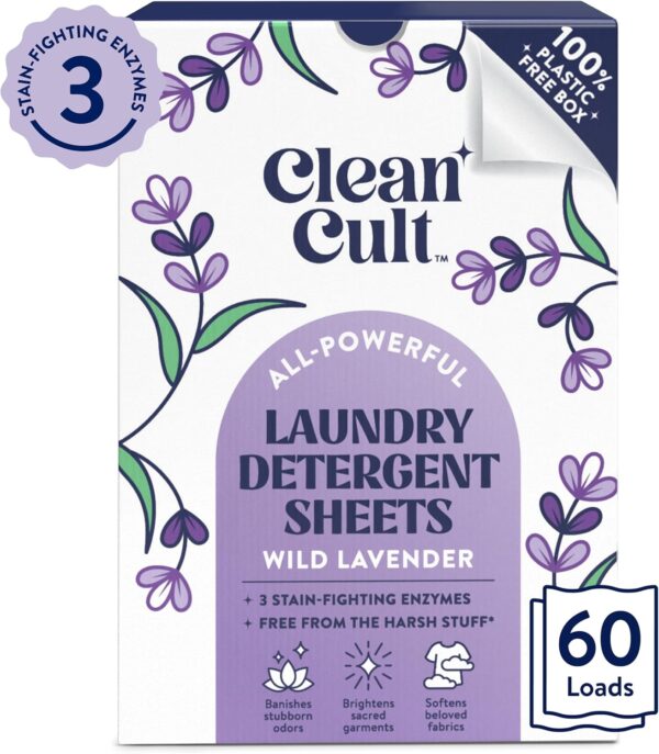 Cleancult Laundry Detergent Sheets - Resealable Box - 3 Stain Fighting Enzymes - Wild Lavender - 60 Loads - Free of Harsh Chemicals - No Mess - No Plastic Waste