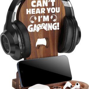 Slothoem-Gamer Gifts for Teenage Boy, Gamer Room Decor for Man, Best Gifts for Son, Boyfriend, Husband, Gaming Accessories, Wooden Gaming Headset Stand for Gaming Desktop- Can't Hear You I'm Gaming