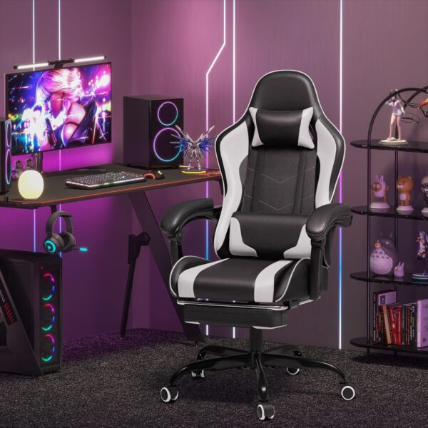 Homall Gaming Chair, Video Game Chair with Footrest and Massage Lumbar Support, Ergonomic Computer Chair Height Adjustable with Swivel Seat and Headrest (White) - Image 2