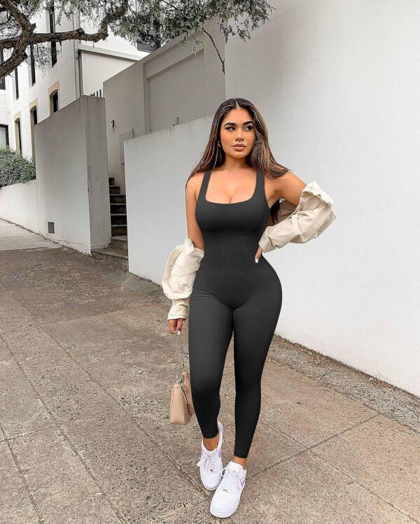 Women Workout Seamless Jumpsuit Yoga Ribbed Bodycon One Piece Tank Top Leggings Romper - Image 2