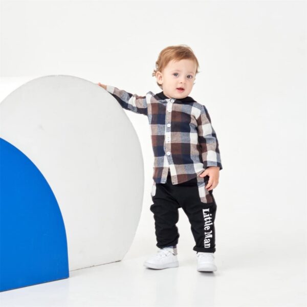 Toddler Baby Boys Clothes Plaid Panel Long-sleeve Hooded Shirt + Sweatpants Fall Winter Outfits Set - Image 2