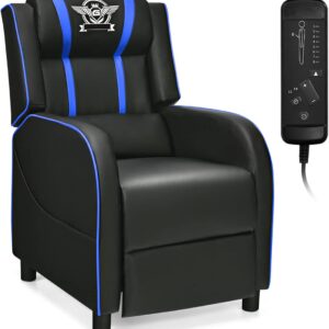 Giantex Gaming Recliner Chair, Adjustable Massage Gaming Chairs for Adults, Ergonomic Comfortable Lounge Leather Sofa w/Footrest, Remote Control & Side Pocket, Racing Style Single Sofa Recliners, Blue