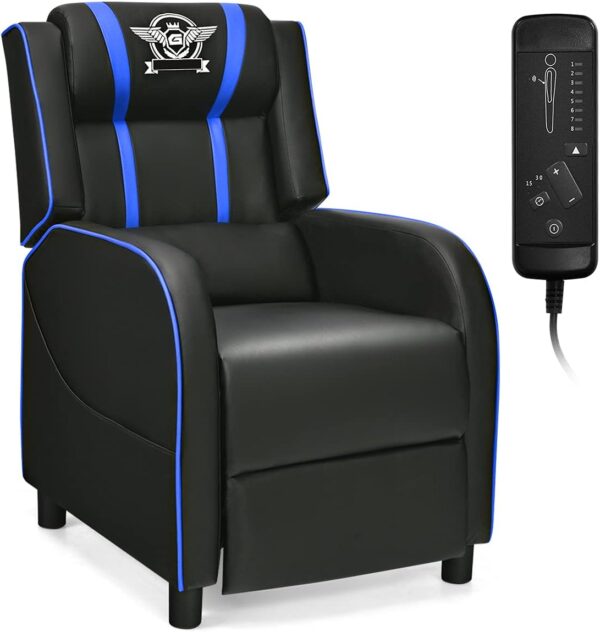 Giantex Gaming Recliner Chair, Adjustable Massage Gaming Chairs for Adults, Ergonomic Comfortable Lounge Leather Sofa w/Footrest, Remote Control & Side Pocket, Racing Style Single Sofa Recliners, Blue