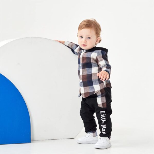 Toddler Baby Boys Clothes Plaid Panel Long-sleeve Hooded Shirt + Sweatpants Fall Winter Outfits Set - Image 5